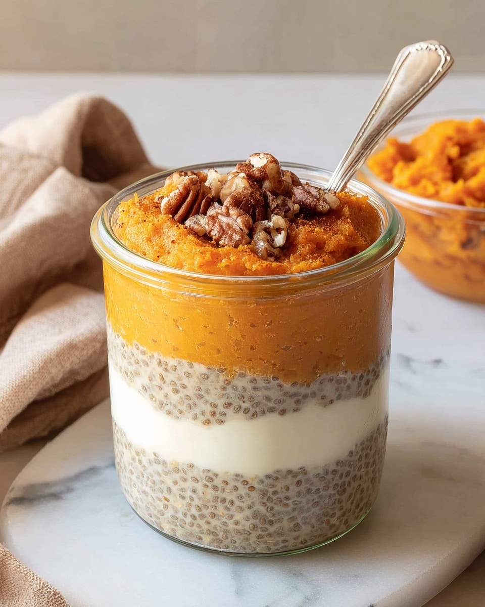 A clear glass jar shows three layers of a dessert placed on a white marbled surface. The bottom layer is thick, smooth, and white. The middle layer is beige with small black chia seeds spread evenly, giving it a textured look. The top layer is bright orange and chunky, resembling pumpkin puree, and garnished with whole pecans in the center. In the background, there is a small clear glass bowl filled with the same orange mixture and a gold spoon beside it, partly visible. A beige cloth and a pot with green leaves sit near the jar, adding warmth to the scene. Photo taken with an iphone --ar 4:5 --v 7