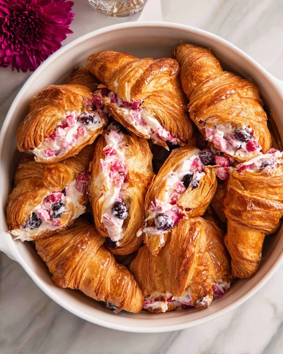 A white round dish is filled with golden brown croissants sliced in half and layered with a creamy white and pink filling that contains visible chunks of red and dark blue berries. The croissants are arranged tightly together in the dish, showing the flaky texture of the pastry, with the filling slightly spilling out between the layers. The dish sits on a white marbled surface, with a partially visible dark pink flower near the top left corner. photo taken with an iphone --ar 4:5 --v 7