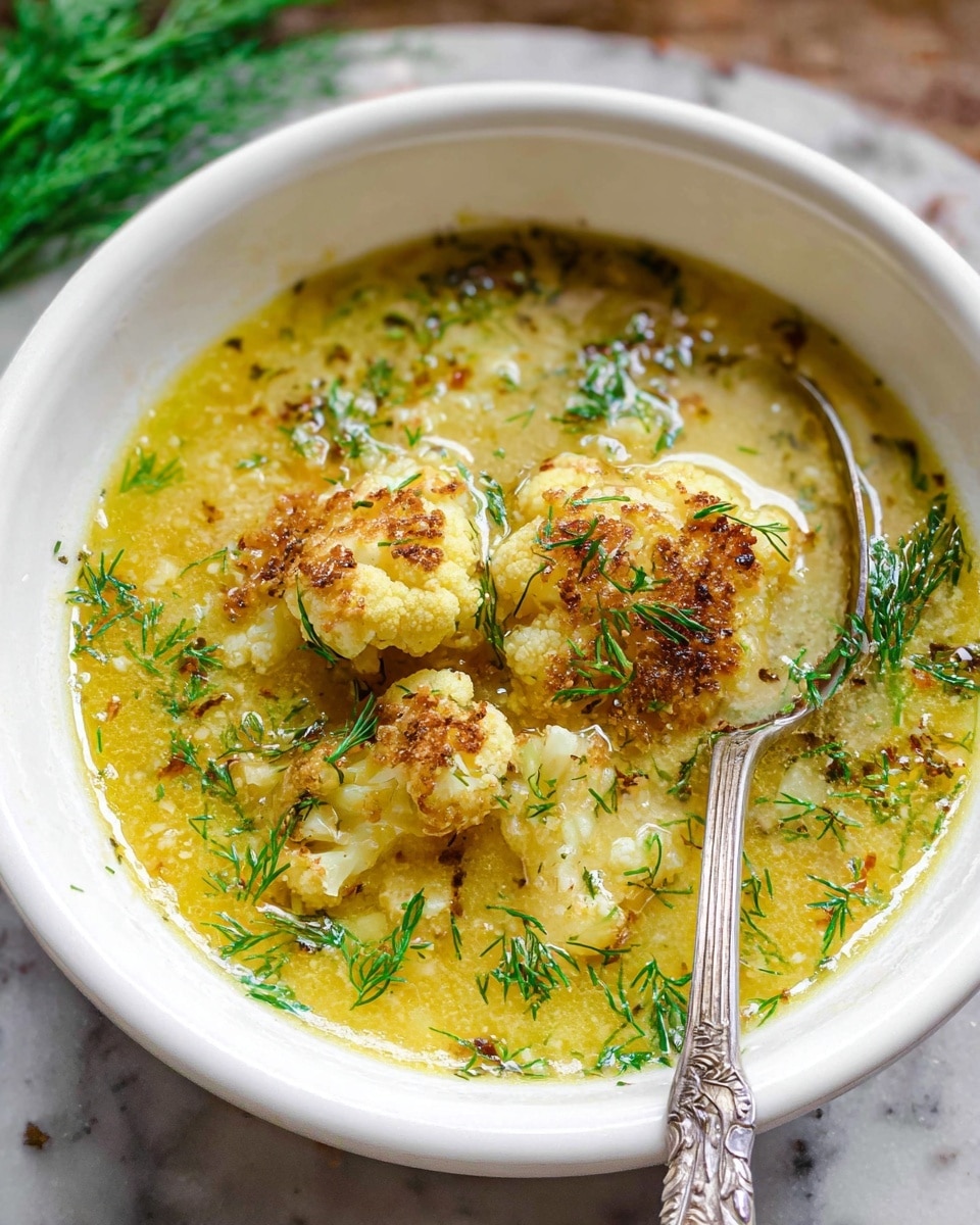 A white bowl filled with a warm, golden-yellow soup that has a slightly oily surface. Floating in the soup are crispy browned cauliflower florets with a light crumb texture on them. The soup contains small, soft pieces of cauliflower and is sprinkled generously with fresh green dill, adding a fresh contrast to the yellow and brown tones. The bowl sits on a table with a blurred white marbled texture background. photo taken with an iphone --ar 4:5 --v 7