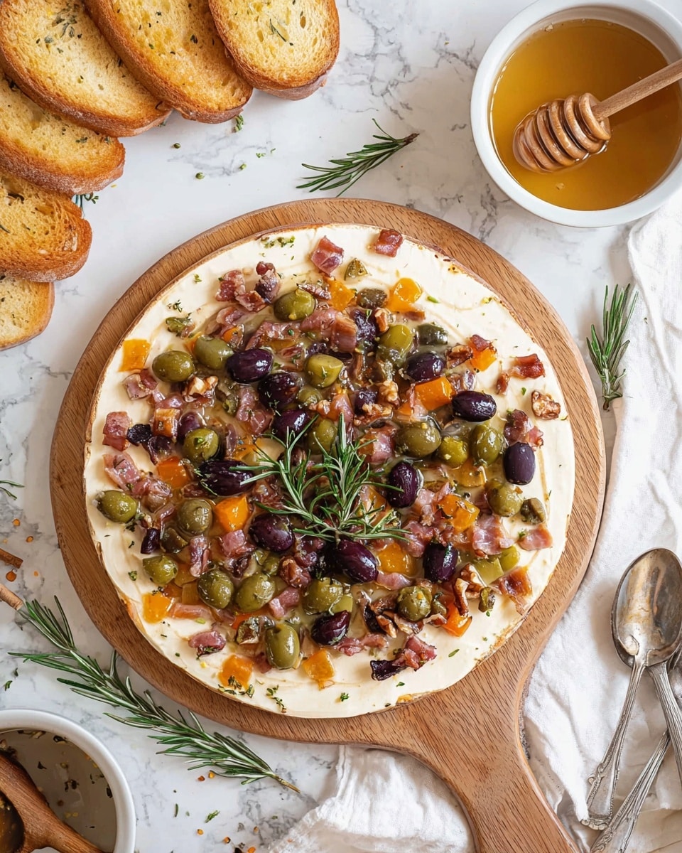 A round flatbread pizza rests on a wooden board, placed on a white marbled surface. The pizza has three visible layers: the bottom layer is a thick, creamy white cheese spread; the middle layer is scattered with chopped orange pieces and slices of dark purple olives; the top layer is a mix of small green pickle slices and crunchy pecan pieces, all sprinkled with small bits of rosemary. In the center, a small green sprig of rosemary is placed as a garnish. Nearby, there is a small white bowl filled with toasted baguette slices, a couple of silver spoons in a white bowl, and a sprig of fresh rosemary on the marble surface. Photo taken with an iphone --ar 4:5 --v 7