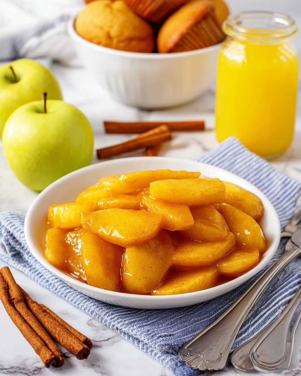 A white shallow bowl is filled with about two layers of soft, golden apple slices covered with a shiny, cinnamon-speckled sauce that looks smooth and thick. The apple slices are plump, curved, and coated evenly, giving a warm amber color to the dish. Behind the bowl, there are several cinnamon sticks placed casually, two yellow-green apples, and a small glass jar filled with bright orange juice. In the background, a white bowl contains golden muffins. The setting is on a white marbled surface with a blue-and-white striped cloth partially underneath the bowl, and a silver fork and knife sit just beside it. photo taken with an iphone --ar 4:5 --v 7