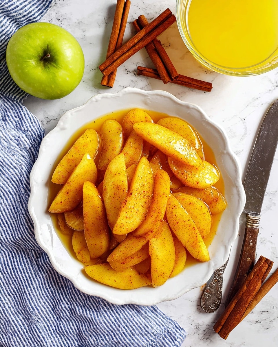 The image shows a white scalloped bowl filled with thick apple slices coated in a shiny, golden-yellow spiced sauce with tiny specks of cinnamon visible throughout. The bowl sits on a white marbled surface next to several cinnamon sticks arranged casually around it. A green apple is placed near the top left corner on a blue and white striped cloth, which partly frames the bowl. A glass partially filled with orange juice is positioned at the top right, while a silver spoon and a knife with a dark handle rest beside the bowl on the right side. photo taken with an iphone --ar 4:5 --v 7