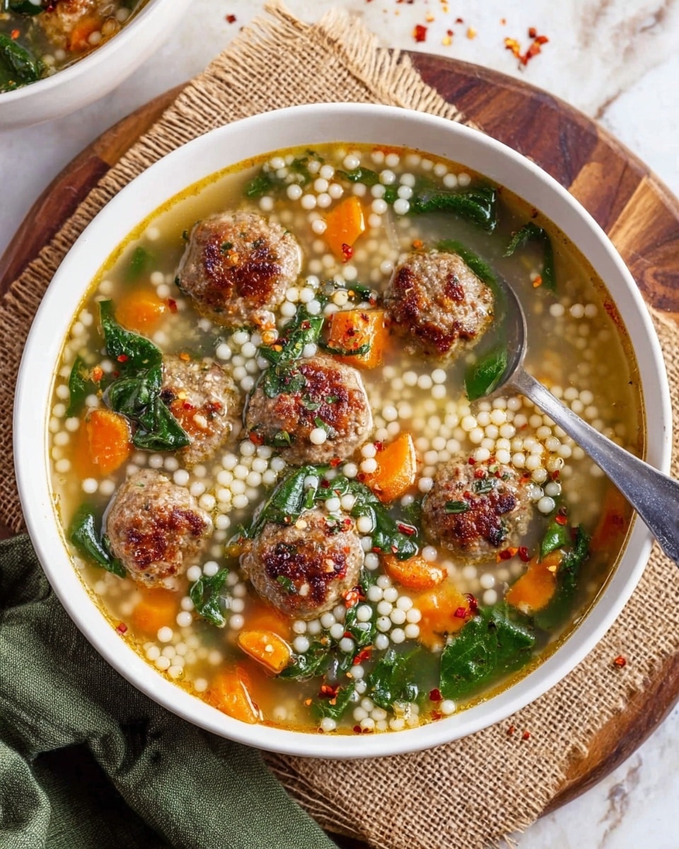 A white bowl filled with clear broth soup showing six small brown meatballs floating on top mixed with small round white couscous grains. Bright orange carrot slices and green leafy spinach are scattered throughout the soup, adding color contrast. Red chili flakes and small bits of herbs are sprinkled on the surface, giving texture and detail. A silver spoon rests inside the bowl on the right side. The bowl sits on a light brown woven cloth over a white marbled surface. photo taken with an iphone --ar 4:5 --v 7