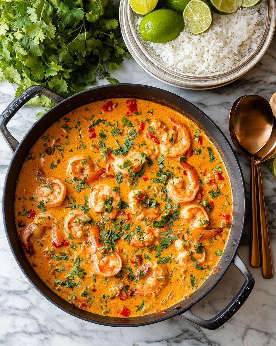 Two bowls of creamy shrimp soup are shown from above, each filled with a rich orange broth layered with white rice and pink shrimp. The shrimp swim with small pieces of red bell pepper and green herbs mixed into the soup. Fresh green cilantro leaves are scattered on top of the soup in one bowl and beside the bowls on a dark dish. Cut lime wedges and whole limes sit on a white marbled surface near the bowls. A shiny silver spoon is placed to the right of the closer bowl. The setting is bright and fresh, with the colors of the food standing out against the textured white marble background. photo taken with an iphone --ar 4:5 --v 7