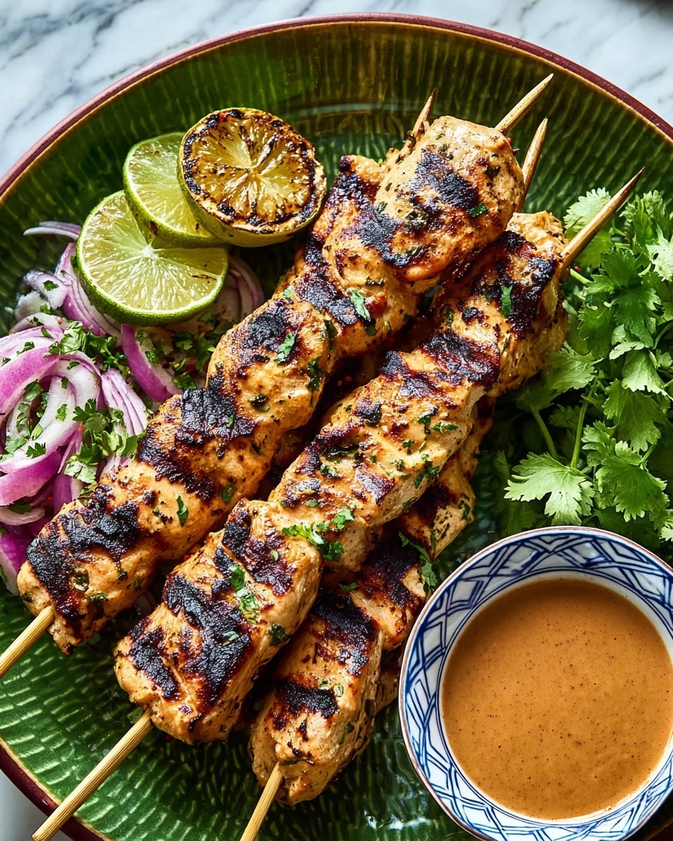 Three skewers with grilled chicken pieces showing dark char marks, stacked side by side on a textured green bowl. The chicken is light brown with grill lines and specks of green herbs. To the left, there are two slices of grilled lime with dark grill spots on top of some light purple onion slices. Bright green cilantro leaves are spread around the chicken and the bowl. On the right side, there is a small round white bowl with a blue rim filled with a smooth brown dipping sauce. The background is a white marbled surface. Photo taken with an iphone --ar 4:5 --v 7