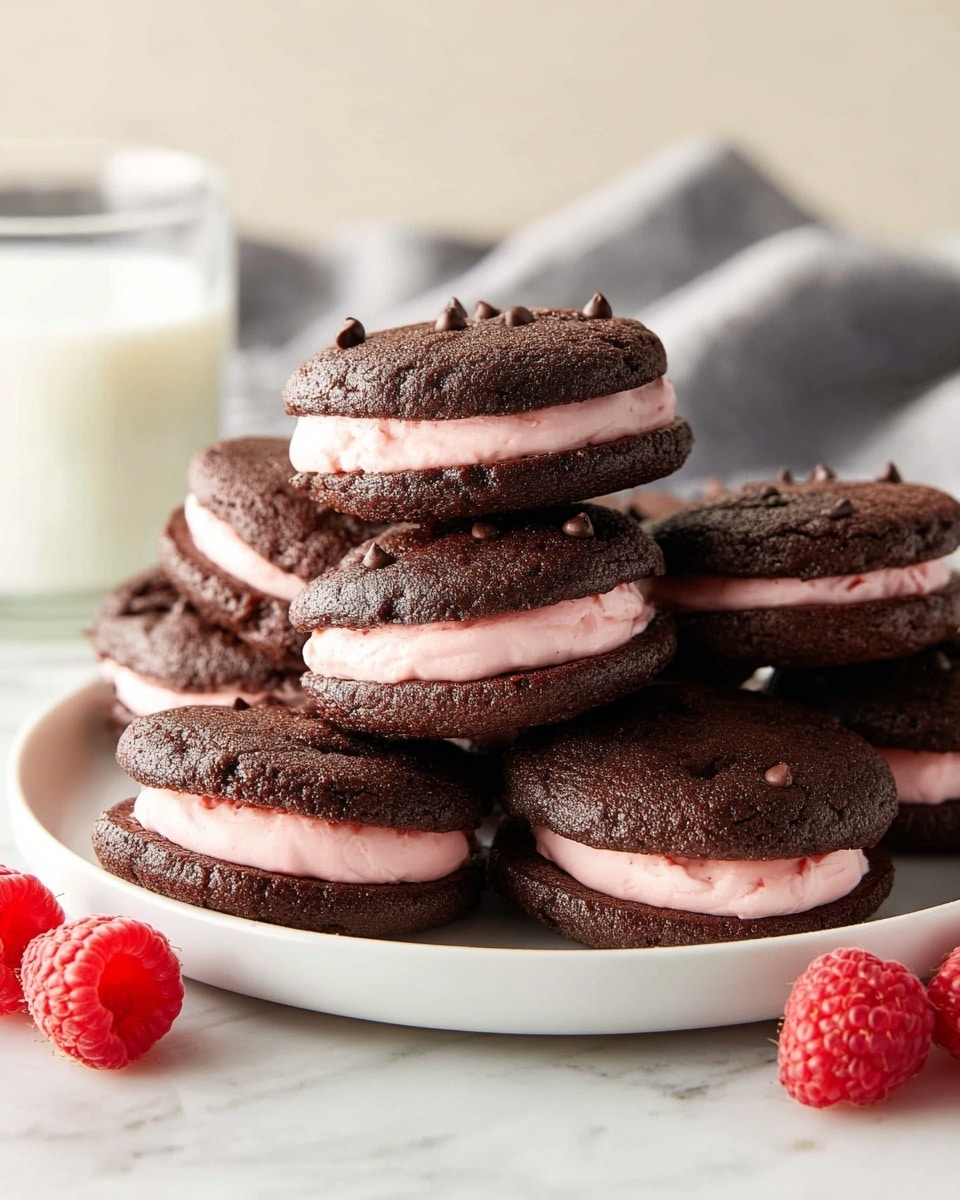 A stack of chocolate sandwich cookies arranged on a white plate sits on a white marbled surface, each cookie having two dark brown, slightly crumbly textured layers with small chocolate chips on top, and a thick middle layer of smooth, light pink cream filling visible between the cookie halves. Fresh red raspberries are placed beside the plate near the bottom left corner, and a clear glass of milk is positioned in the blurred background, with a soft gray cloth also visible behind the cookies. The overall scene is bright and cozy, emphasizing the rich chocolate and soft pink contrast. photo taken with an iphone --ar 4:5 --v 7