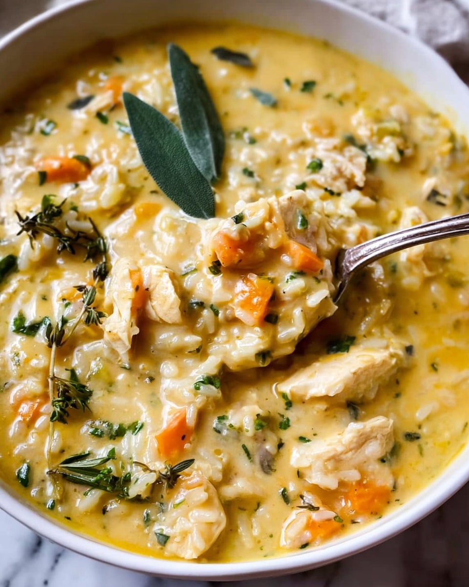 A close-up of a creamy yellow soup filled with shredded pieces of chicken, small bits of orange carrot, and grains of rice, all mixed together in a thick, smooth broth. Bright green herb leaves like parsley and sage are scattered on top, adding a fresh pop of color. A silver spoon dips into the soup, lifting a spoonful with a mix of chicken and vegetables. The soup is served in a white bowl, placed on a white marbled texture. photo taken with an iphone --ar 4:5 --v 7