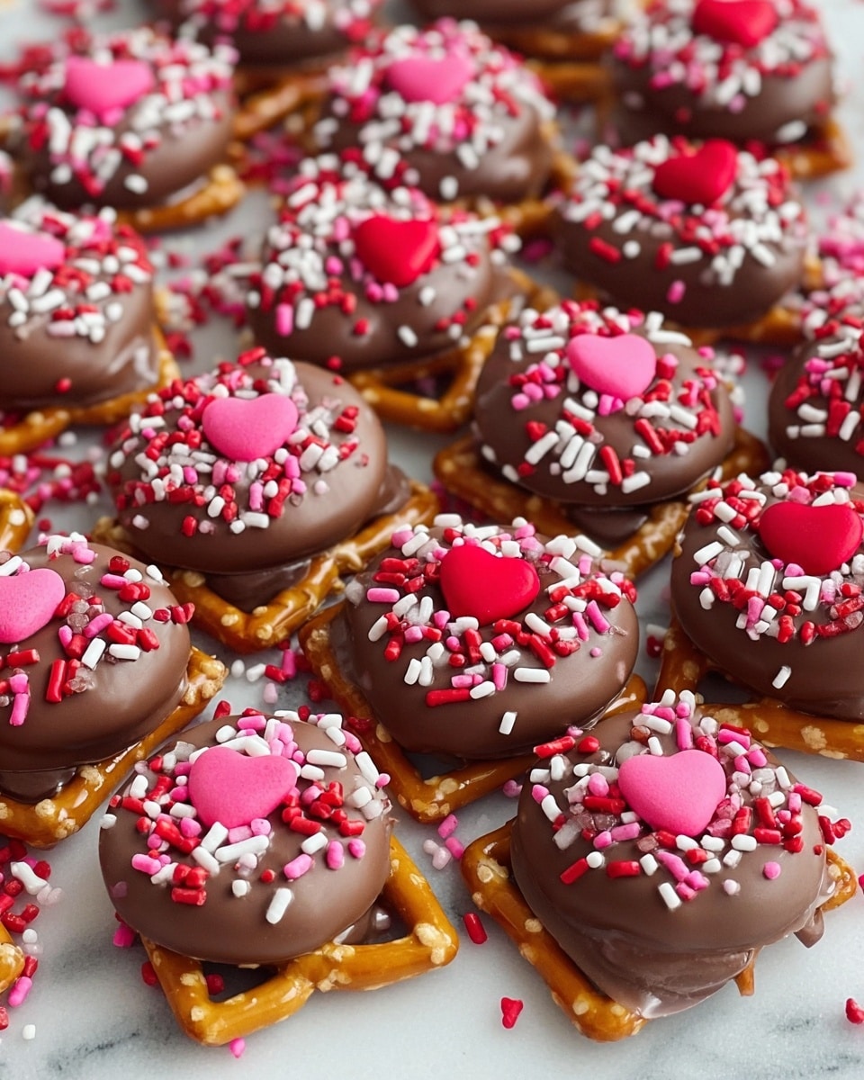 A close-up view of small sweet treats arranged closely on a white marbled surface, each made of three layers: a shiny golden square pretzel base with a slight salt texture, topped with a rounded, smooth milk chocolate layer that is slightly melted around the edges, and in the center of the chocolate, a bright red or pink candy button is placed flush with the surface. The chocolate layer is covered with a mix of small sprinkles in white, pink, and red, including tiny heart shapes, small cylinders, and round dots, giving the treats a festive and colorful look. The treats are piled high, filling the frame with a playful and cheerful vibe. photo taken with an iphone --ar 4:5 --v 7