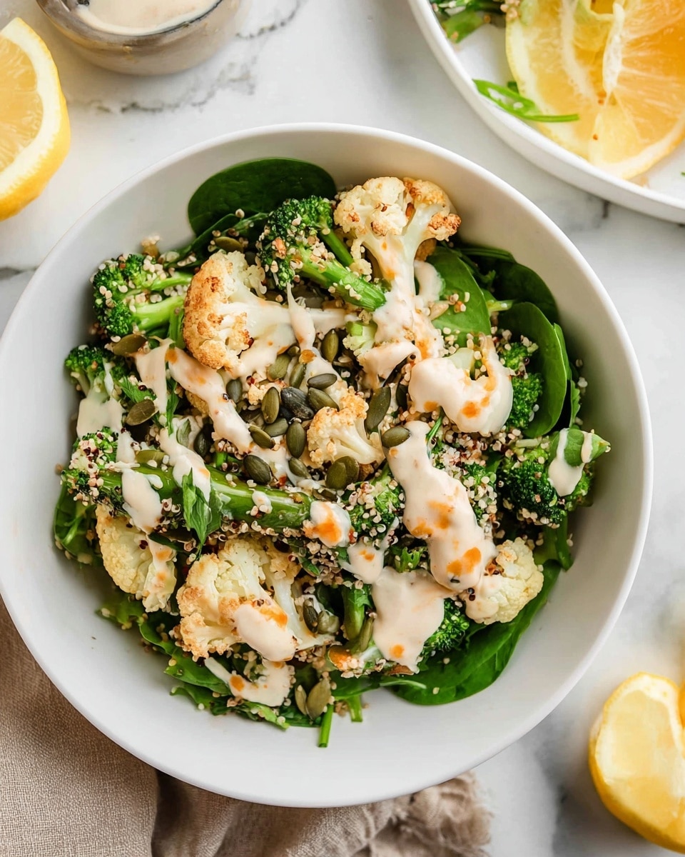 A white bowl filled with a layered salad starts with a base of dark green spinach leaves, topped with bright green broccoli and light golden roasted cauliflower pieces scattered evenly. There are also light beige seeds sprinkled on top, including pumpkin seeds, hemp seeds, and sesame seeds, adding texture. A creamy white dressing is drizzled over the salad, along with small drops of bright orange sauce. The bowl is placed on a white marbled surface with sliced lemons nearby, adding a fresh look. Photo taken with an iphone --ar 4:5 --v 7