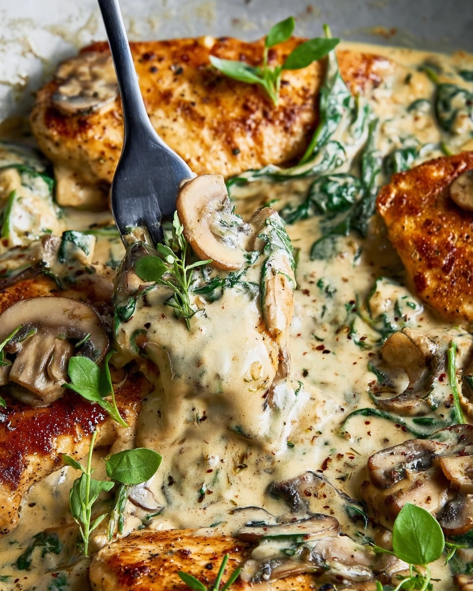 The image shows a white pan filled with three pieces of cooked chicken breast, each piece seasoned with visible herbs and a golden brown crust. The chicken is covered with a creamy light brown mushroom sauce that contains sliced mushrooms and wilted spinach leaves. Fresh green herb sprigs are placed on top of the chicken for decoration. The pan is set on a white marbled surface. photo taken with an iphone --ar 4:5 --v 7
