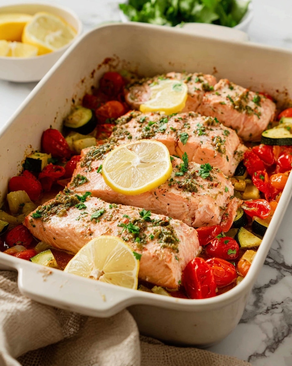 The image shows a close-up of four pieces of cooked salmon with a light pink color, flaky texture, and sprinkled green herbs on top. The salmon pieces are placed on a bed of mixed roasted vegetables that include bright red cherry tomatoes, chunks of red and yellow bell peppers, and slices of green zucchini, creating a colorful, slightly glossy base. Two lemon wedges with pale yellow skin and juicy interiors sit among the salmon and vegetables, adding fresh brightness to the scene. Small green parsley leaves are scattered over the dish, enhancing the fresh look. The background is a white marbled texture. photo taken with an iphone --ar 4:5 --v 7