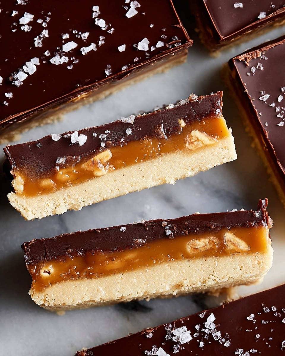 The image shows layered dessert bars on white marbled surface, with a close-up view of two long bars and parts of others. Each bar has three clear layers: the bottom layer is a crumbly light beige crust, the middle layer is a smooth caramel with bits of nuts visible inside, and the top layer is a shiny dark chocolate sheet sprinkled with coarse white salt flakes that add texture. The bars are cut into rectangular shapes with clean edges, and the lighting highlights the glossy chocolate and grainy salt details. photo taken with an iphone --ar 4:5 --v 7