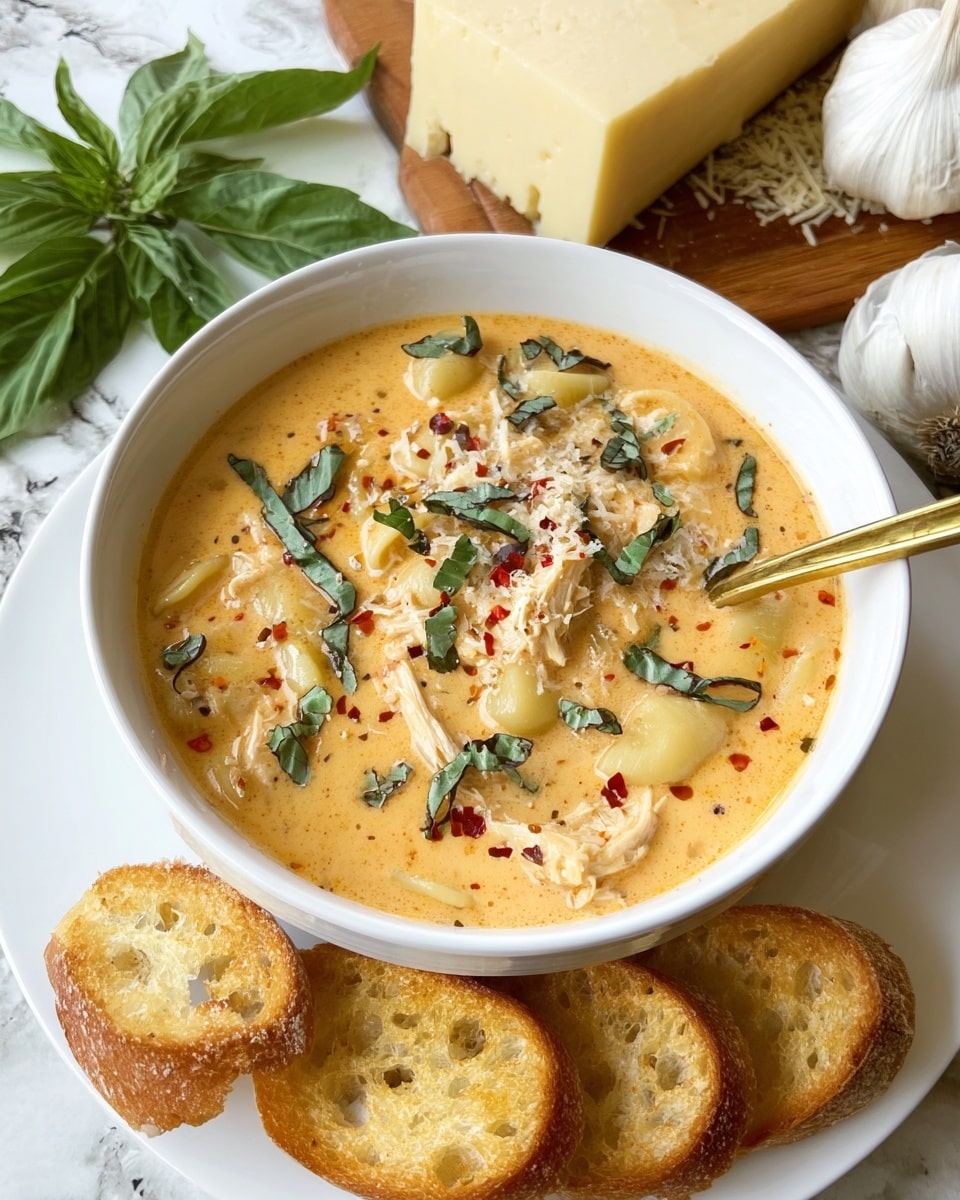 A close-up of a thick, creamy soup in a white bowl sitting on a white marbled surface, with a spoon lifting a big scoop of the soup. The soup has a rich orange color with visible small chunks of light beige potatoes, orange carrot pieces, bits of green leafy herbs, and small brown mushroom slices. The texture looks smooth and slightly glossy, showing the mix of soft vegetables and creamy liquid. photo taken with an iphone --ar 4:5 --v 7