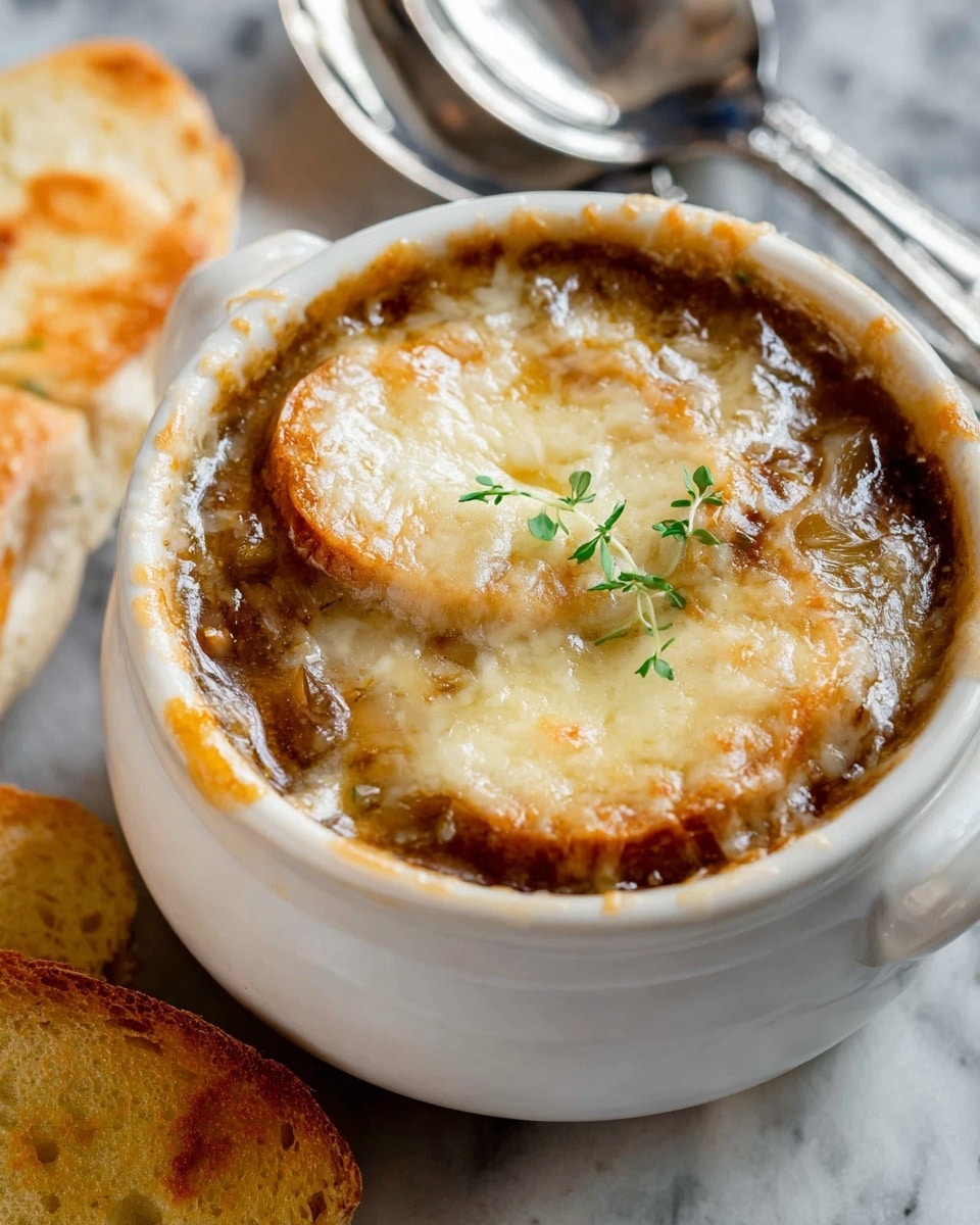 Two white ceramic bowls with handles are filled with French onion soup, sitting on a white marbled surface. Each bowl has a rich brown soup base, topped with one golden-brown toasted bread slice soaked in the soup, covered by melted creamy white cheese that is slightly browned and bubbly. A small green herb sprig sits on top of the cheese on each bowl. There is some soup that has dripped down the sides of the front bowl. A silver spoon lies next to the front bowl on the right side. Photo taken with an iphone --ar 4:5 --v 7