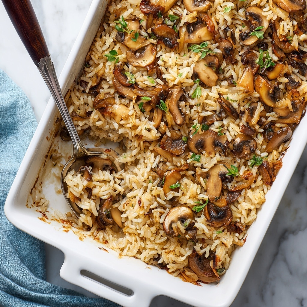 A white rectangular baking dish filled with a mushroom rice casserole, showing one thick layer of cooked rice mixed with sliced mushrooms that are light to dark brown, with some caramelized edges. The rice looks soft and moist, with bits browned and slightly crispy around the edges of the dish. Fresh small green herb leaves are scattered on top, adding a touch of color. A metal spoon with a dark wooden handle is placed inside the dish, scooping some of the casserole. The background features a white marbled texture and a light blue cloth is partially visible at the bottom left corner. Photo taken with an iphone --ar 4:5 --v 7