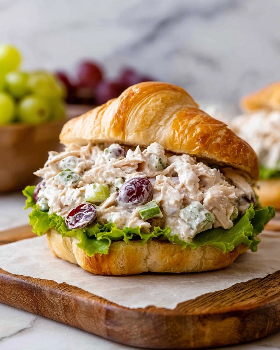 The image shows a sandwich with three main layers. The base layer is a soft, golden brown croissant with a flaky texture. On top of the croissant sits a crisp green lettuce leaf, adding a fresh, leafy layer. The main filling is a creamy white chicken salad mixed with red grape pieces and finely chopped green celery, giving a mix of textures and colors in the thick, chunky middle layer. The sandwich is set on a piece of parchment paper on a rustic wooden board, with a blurred white bowl of green grapes and red grapes in the background, all on a white marbled surface. Photo taken with an iphone --ar 4:5 --v 7