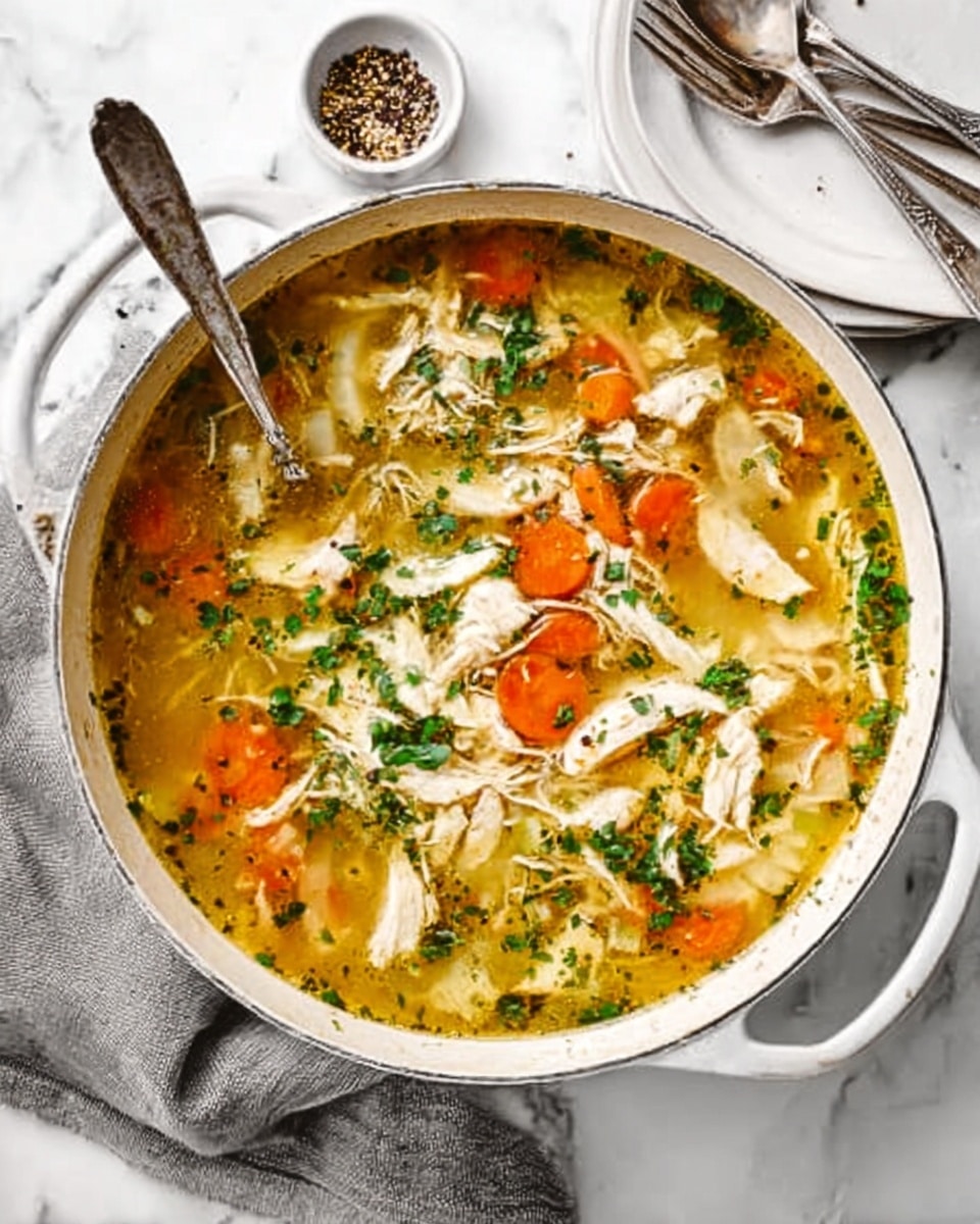 The image shows a white bowl filled with chicken noodle soup placed on a white marbled surface. Inside the bowl, there are several layers: the bottom layer is clear, light yellow broth, followed by strips of cooked chicken in a pale cream color, and flat, light beige noodles resting on top. Bright orange carrot slices are scattered evenly among the noodles and chicken. Fresh green parsley leaves are on the side near the bowl, and there is a silver spoon resting inside the soup with a woman's hand holding it. A gray cloth napkin is partly visible under the bowl. Photo taken with an iphone --ar 4:5 --v 7