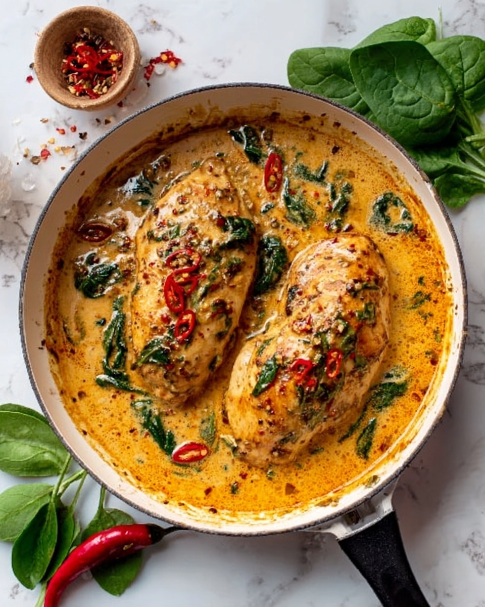 The image shows two cooked chicken breasts in a round white pan with a black handle on a white marbled surface. The chicken is covered by a rich, creamy sauce with an orange color and visible bits of herbs and spices. Small green spinach leaves and thin slices of red chili are scattered on top of the chicken and in the sauce. Around the pan, there are loose fresh spinach leaves and a few whole red chilies placed on the white marbled surface. Photo taken with an iphone --ar 4:5 --v 7