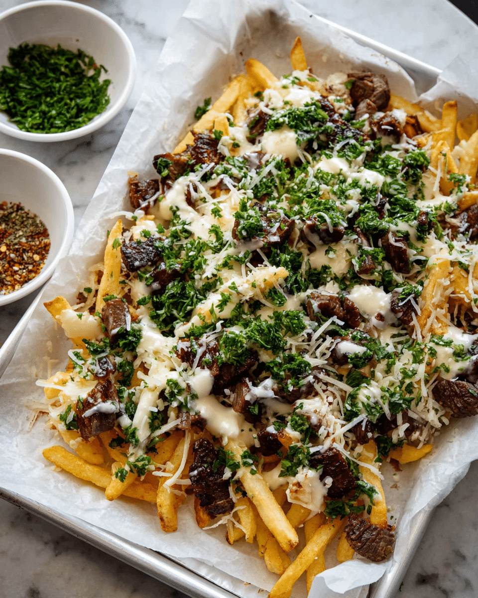 A rectangular metal tray lined with parchment paper holds a layered dish starting with a base of golden French fries spread evenly. On top, there are pieces of dark brown grilled meat scattered across the fries. This is followed by a layer of melted white cheese covering the meat and fries unevenly. Fresh green chopped herbs, likely parsley or cilantro, are scattered generously over the cheese, adding color contrast. A silver fork rests on the right side of the tray with a few fries speared on its tines. Around the tray, there are cans of drinks placed on a white marbled surface. photo taken with an iphone --ar 4:5 --v 7