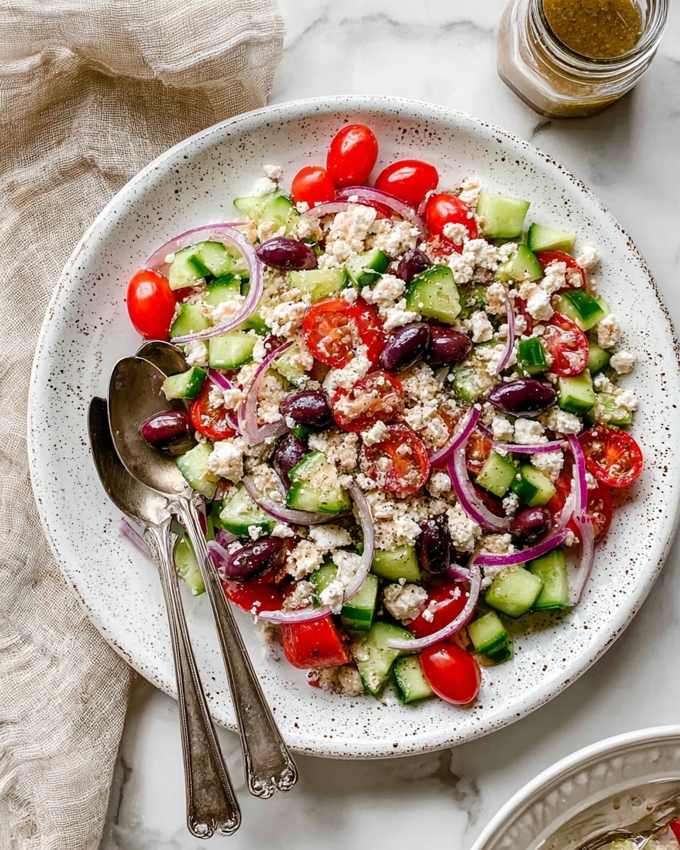 The dish is a fresh salad served on a large white speckled plate, filled with roughly three layers: at the bottom are chopped green cucumbers and halved red cherry tomatoes, mixed evenly with dark purple olives. Above these are thin, curved slices of red onion spread across the salad. The top layer is crumbled soft white cheese scattered all over, adding a crumbly texture. The plate holds two antique-style silver spoons on the left side. The entire scene is set on a white marbled surface with a beige cloth at the top left and a glass jar with dressing at the top right. photo taken with an iphone --ar 4:5 --v 7