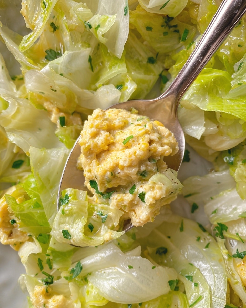 A close-up image of cooked scrambled eggs mixed with soft, light green cabbage leaves in a white pot. The eggs are yellow with a slightly uneven, fluffy texture, scattered evenly throughout the dish. The cabbage pieces are translucent with some light brown spots from cooking, curling gently around the eggs. Small bits of fresh green herbs are sprinkled on top, adding a touch of color contrast. The scene is set on a white marbled surface. photo taken with an iphone --ar 4:5 --v 7