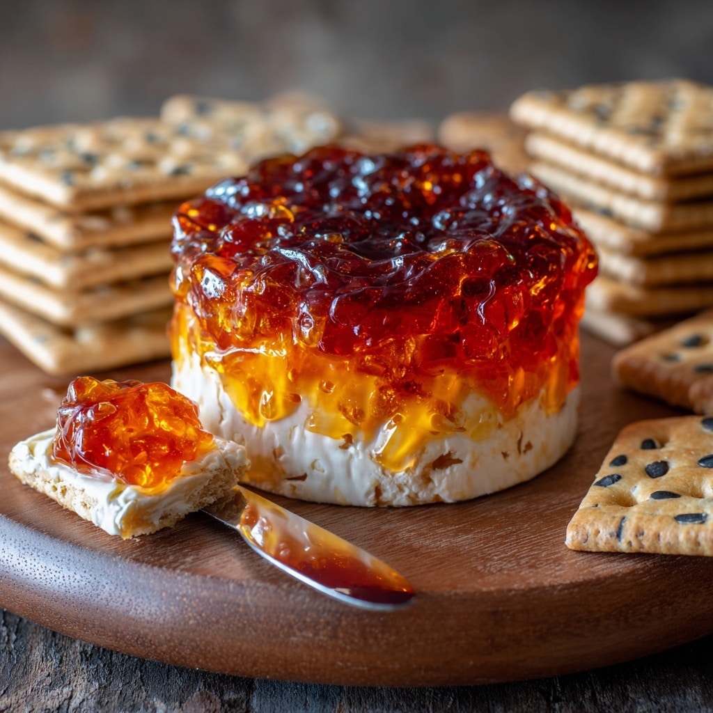 A white plate holds a block of cream cheese topped with a thick, glossy layer of bright orange pepper jelly that drips slightly down the sides. Around the plate, there are several square crackers with visible seeds embedded in the light beige surface, one cracker is spread with a swirl of creamy white cheese mixed with specks of the translucent orange jelly. A white-handled knife rests beside the cream cheese, with some jelly and cheese on its blade. The scene is set on a white marbled surface. photo taken with an iphone --ar 4:5 --v 7
