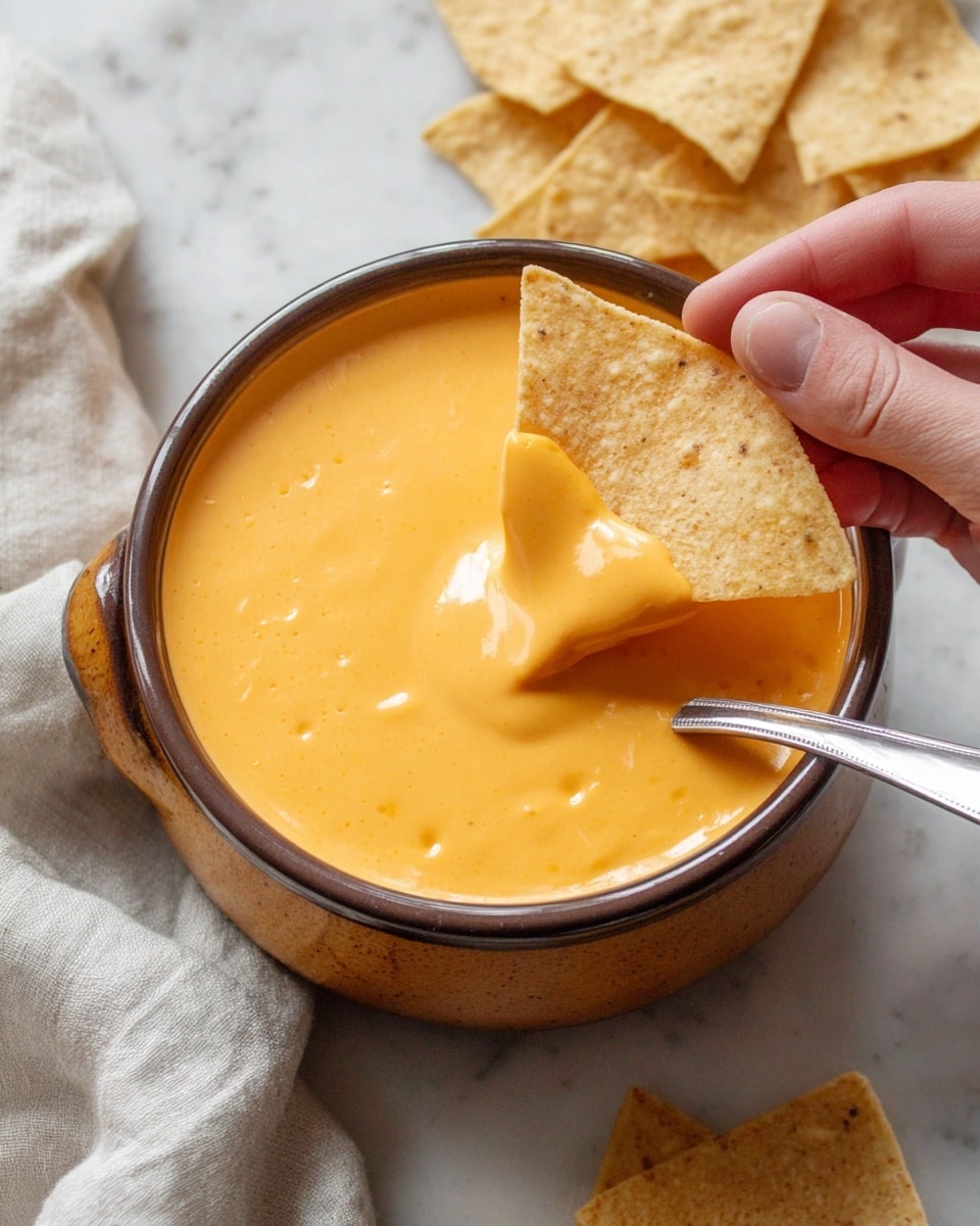 A medium close-up shows a brown bowl filled with smooth, bright orange cheese sauce that has a creamy texture, with a silver spoon placed inside the bowl on the right side. A woman's hand is holding a triangular pale yellow tortilla chip dipped halfway into the cheese sauce, with the cheese sauce dripping slightly from the chip. There are more tortilla chips scattered nearby on a white marbled surface, and a piece of light-colored cloth is partially visible next to the bowl. Photo taken with an iphone --ar 4:5 --v 7