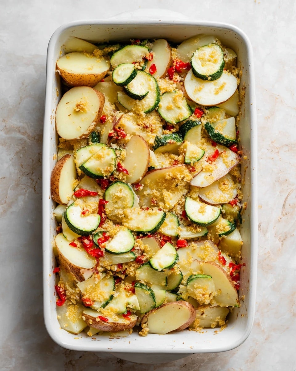 The image shows a white rectangular baking dish filled with a layered vegetable casserole. The dish has several layers of thinly sliced potatoes with golden crispy edges, green zucchini slices with slightly browned tops, and small bits of red bell pepper scattered throughout. The vegetables look soft and mixed with melted cheese or sauce, giving a creamy texture. A silver spoon is scooping out a portion, revealing the thick layers inside. The baking dish sits on a white marbled surface with a light-colored cloth partially under it. Photo taken with an iphone --ar 4:5 --v 7