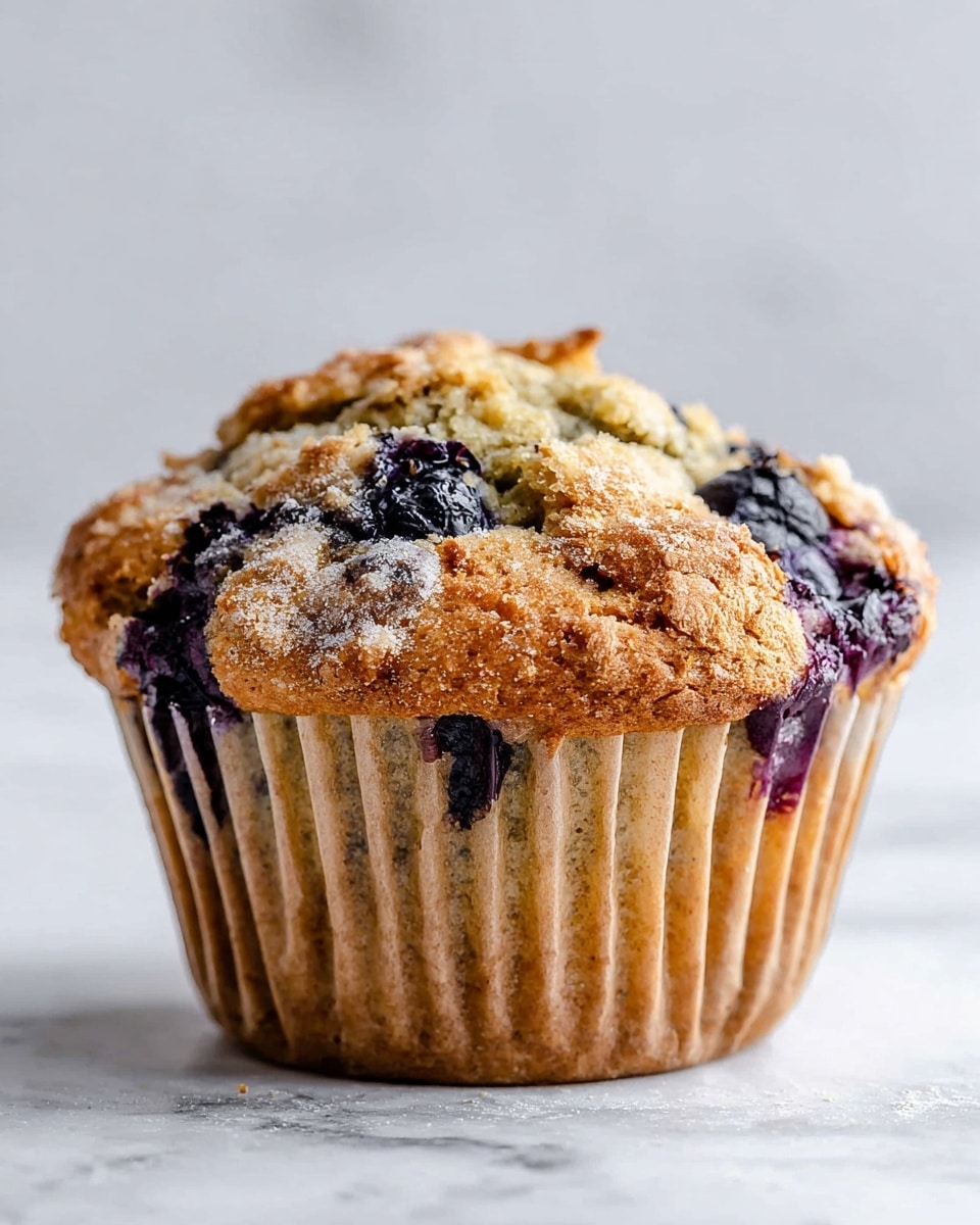 A close-up view of a single blueberry muffin placed on a white marbled surface, showing one main layer of golden brown crumbly muffin with darker brown spots and several dark purple blueberry spots that look juicy and slightly burst on the top and sides. It is wrapped in a light brown paper liner with visible ridges and a touch of flour dust. The muffin has a rough, textured top crust and soft crumb inside where some blueberries have released their deep purple juice, creating streaks and patches. The background is softly blurred with a light gray tone. photo taken with an iphone --ar 4:5 --v 7