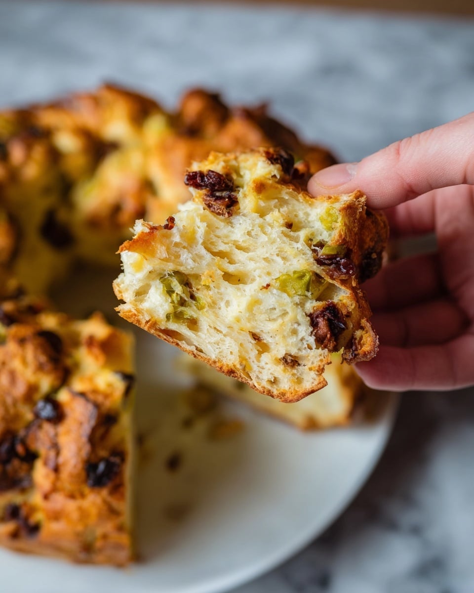 A close-up of a ring-shaped pull-apart bread with a rough, crispy crust that is golden brown with darker charred spots. The bread is made up of irregular chunks layered together, showing a soft, pale yellow inside with pieces of green olives and dark red sun-dried tomatoes scattered throughout. The bread sits on a white plate with a white marbled background visible at the edges. photo taken with an iphone --ar 4:5 --v 7