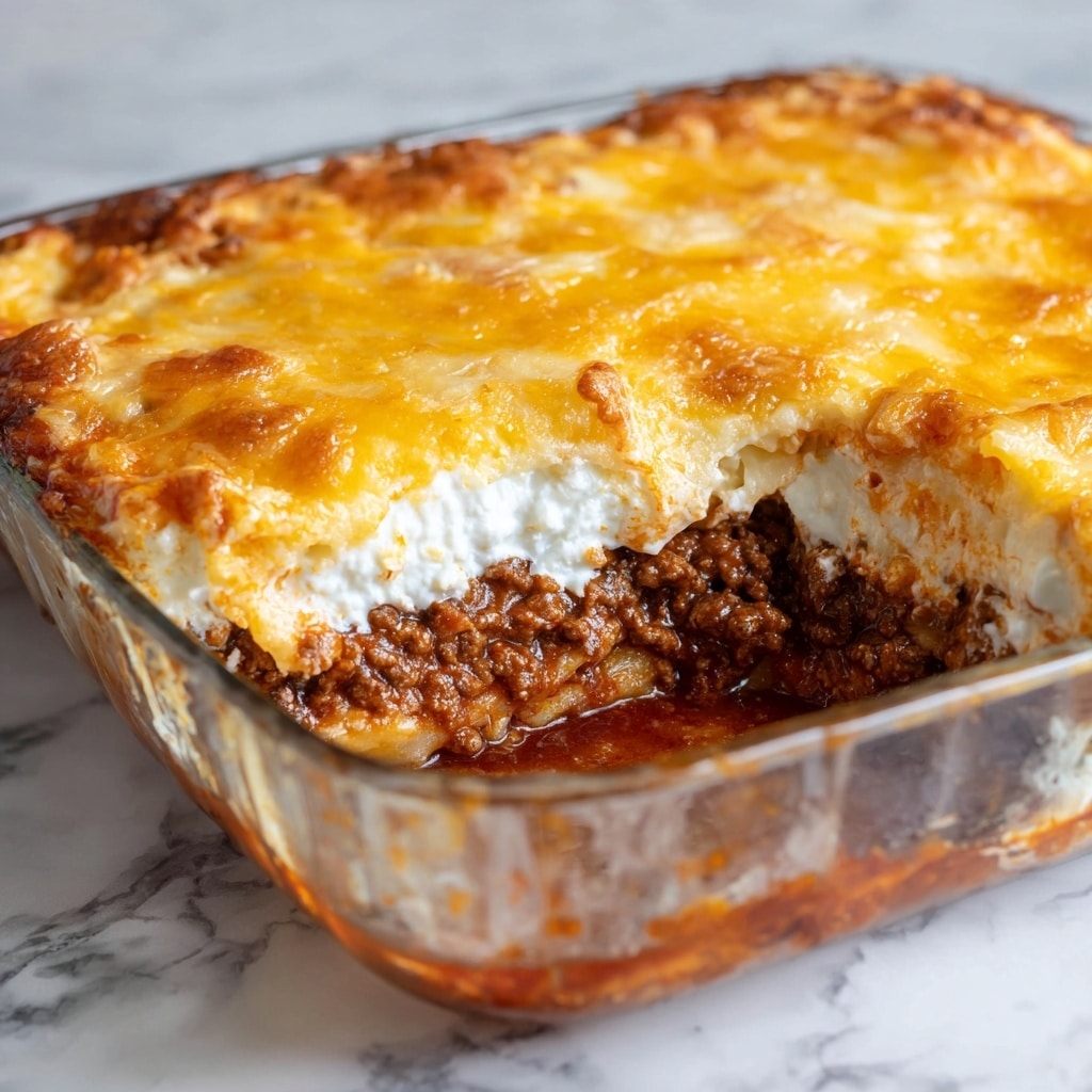 The image shows a close-up of a baked dish with three visible layers in a clear glass baking dish. The bottom layer is a rich, dark brown meat sauce with visible ground beef and some sauce liquid pooling at the bottom. Above the meat sauce is a layer of pale cooked pasta, partly covered by a thick and creamy white layer, likely cottage cheese or ricotta. The top layer is a bright yellow melted cheese covering the dish, with some small white spots where the cheese has melted less. The glass dish sits on a white marbled surface, and the dish has one square piece missing, showing the layers inside clearly. Photo taken with an iphone --ar 4:5 --v 7