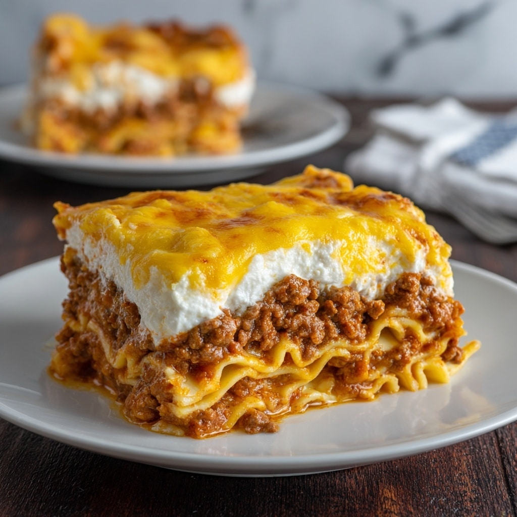 A thick square slice of layered lasagna sits on a white plate, placed on a dark wooden table. The bottom layer shows cooked pasta noodles slightly curled at the edges, mixed with a brown, chunky ground meat sauce. Above this, there is a thick white creamy layer, likely ricotta or a similar cheese, followed by a smooth, bright yellow melted cheese layer that covers the top completely. In the background, another white plate holds a similar slice of lasagna, slightly blurred. The surface around is a white marbled texture. photo taken with an iphone --ar 4:5 --v 7