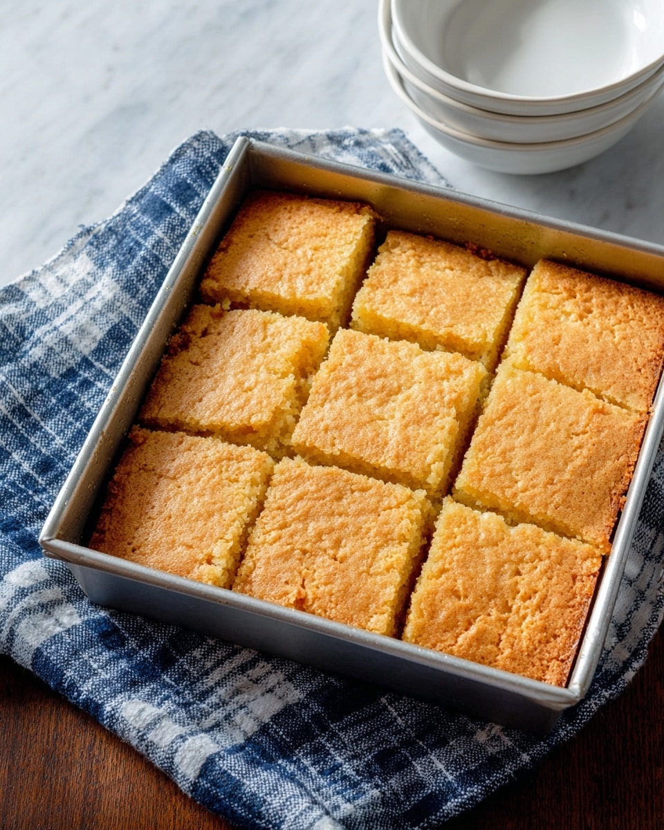 A single square piece of golden brown cake with a slightly crumbly and sparkling sugar-coated top layer sits centered on a simple white plate. The cake has two visible layers: a crisp, textured top layer in a darker golden shade and a soft, moist yellow bottom layer with a slightly fluffy texture. There is a bite taken out of one corner, revealing the soft inside. The white plate rests on a stack of similar plates, all placed on a white marbled background, with a metal baking pan and a blue and white cloth blurred in the background. photo taken with an iphone --ar 4:5 --v 7