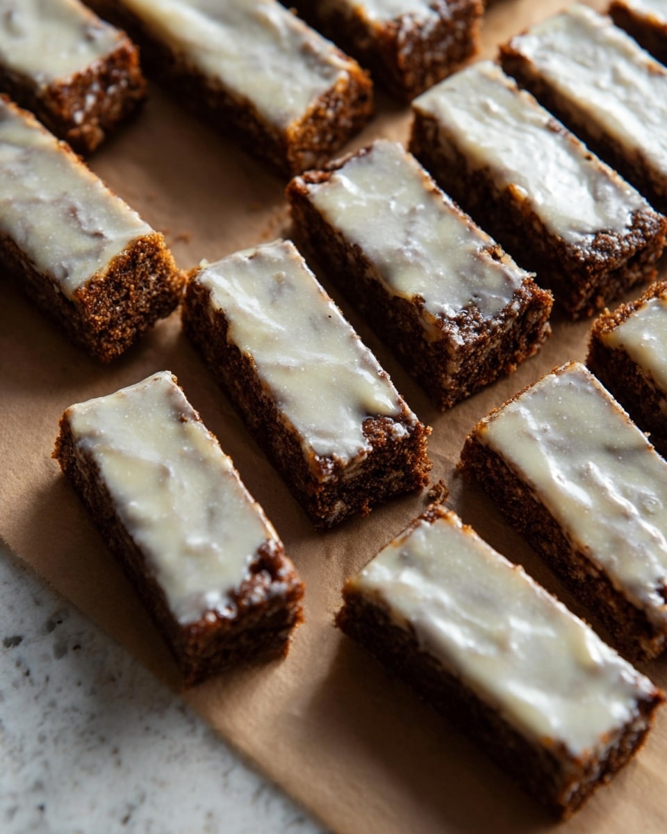 A close-up image of a small rectangular baked bar held by a woman's hand, showing two clear layers: a top thin, shiny white layer with a slightly cracked glazed texture and beneath it a thicker, golden-brown cracked base that looks dense and crumbly. The background shows more bars laid out on a white marbled surface, with the edges slightly blurred. Photo taken with an iphone --ar 4:5 --v 7
