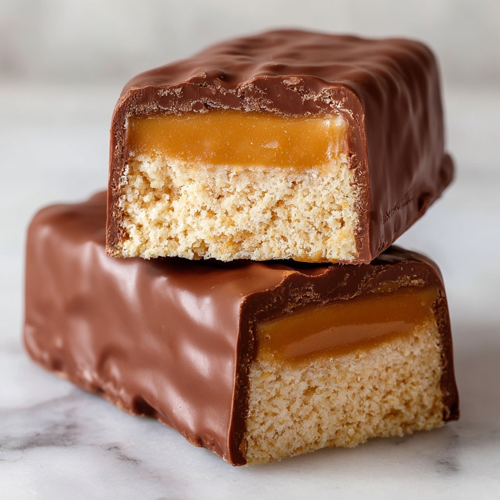 The image shows two small rectangular bars, one stacked on top of the other, each with three layers. The bottom layer is light beige and cake-like with a soft texture, the middle layer is a shiny golden caramel that looks thick and smooth, and the whole bar is covered by a middle brown chocolate coating with a glossy finish that surrounds all sides. In the background, more bars of the same kind are lined up on a white marbled surface. photo taken with an iphone --ar 4:5 --v 7