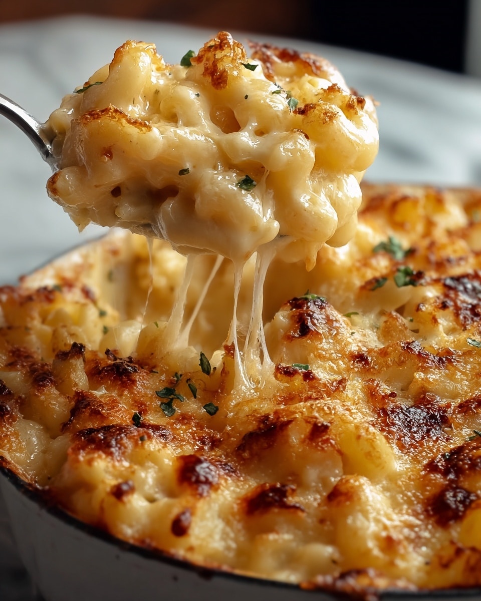 This image shows a close-up of a white bowl filled with cheesy baked macaroni. The macaroni noodles form the base layer, covered with a thick layer of melted cheese that is golden brown and bubbly on top with some browned spots. The texture of the cheese is creamy and gooey, stretching as a portion is lifted by a fork. Small green herb pieces are sprinkled on top, adding color. The white bowl sits on a white marbled surface, and the background is softly blurred. photo taken with an iphone --ar 4:5 --v 7