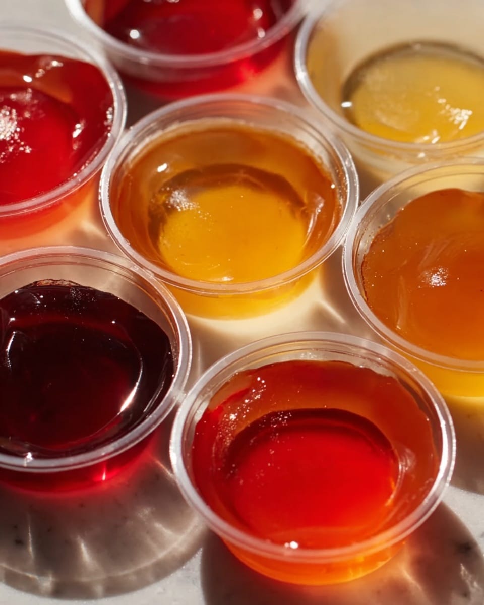 The image shows multiple small clear plastic cups filled with jelly in different colors, arranged closely together on a white marbled surface. There are at least seven cups visible, featuring jelly layers in shades of deep red, bright orange, golden yellow, light yellow, and translucent white, each with a smooth, shiny texture. The jellies appear glossy with some having slight bubbles or uneven surfaces, giving a fresh and soft look. The cups are neatly placed, overlapping slightly, and the light reflects off the glossy jelly surfaces. photo taken with an iphone --ar 4:5 --v 7