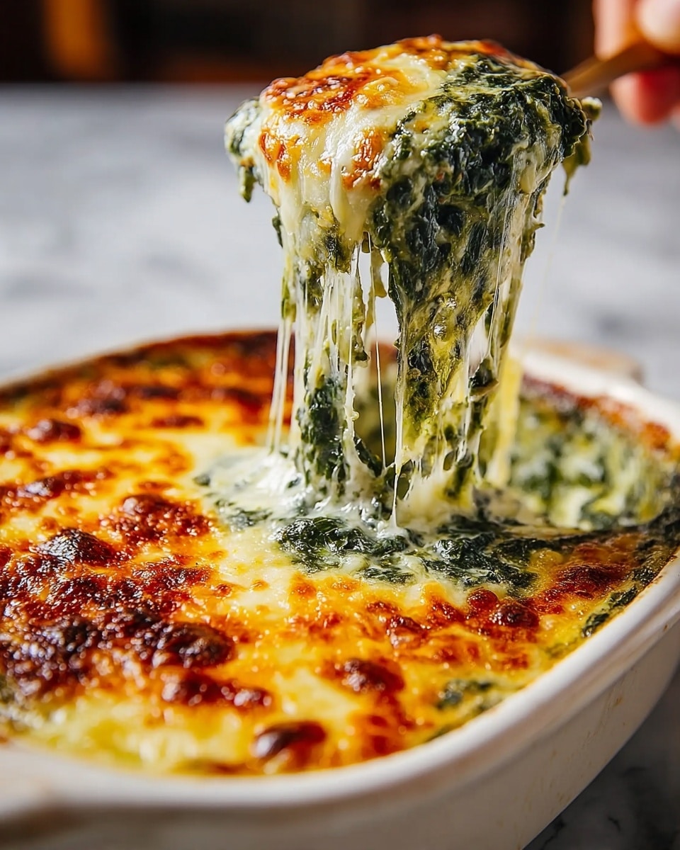 A white shallow dish filled with a three-layer spinach and cheese bake, the top layer is golden brown melted cheese with bubbly, crisped edges. Below this, a thick layer of creamy green spinach is visible, soft and juicy, lifting in strings of gooey melted cheese as a serving spoon pulls a portion from the dish. The dish rests on a white marbled surface. photo taken with an iphone --ar 4:5 --v 7