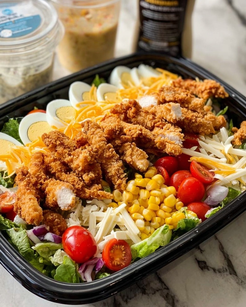 The image shows a clear black takeout container filled with a colorful layered salad. The bottom layer is green lettuce, topped with chopped tomatoes on the left and strips of bacon on the far left. In the middle, there is a pile of golden brown fried chicken pieces and white chunks of grilled chicken on top of the lettuce. To the right side, shredded yellow cheese is next to a halved hard-boiled egg with a bright yellow yolk. The overall look is fresh and rich with different textures and colors all inside the container, placed on a white marbled surface. Photo taken with an iphone --ar 4:5 --v 7