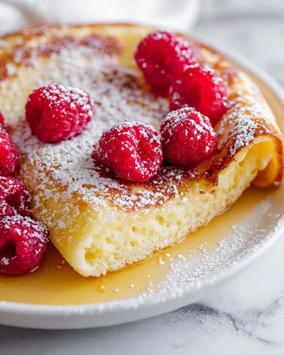 A golden brown baked dish sits thick and puffed up in a clear glass rectangular baking dish. The edges are tall, puffy, and darker brown, forming a raised border around a smooth, creamy yellow center with a slightly glossy texture. The baking dish rests on a white marbled surface with soft white cloth and fresh red raspberries blurred in the background, adding a touch of color and warmth to the scene. Photo taken with an iphone --ar 4:5 --v 7