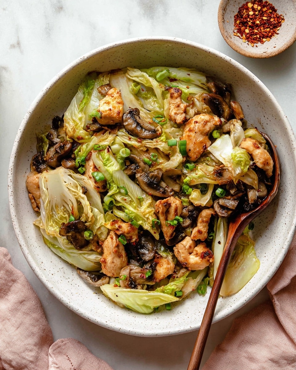 A close-up view of a white bowl filled with a stir-fry dish featuring three main layers: the first layer is a base of cooked light green and pale yellow napa cabbage leaves with soft, slightly wilted texture; the second layer contains browned pieces of tender, crispy chicken scattered evenly throughout; the third layer consists of dark brown sliced shiitake mushrooms adding contrast and texture, all mixed with small chopped green onions sprinkled on top. The ingredients appear juicy and glossy from a light sauce coating them. The bowl sits on a white marbled background. Photo taken with an iphone --ar 4:5 --v 7