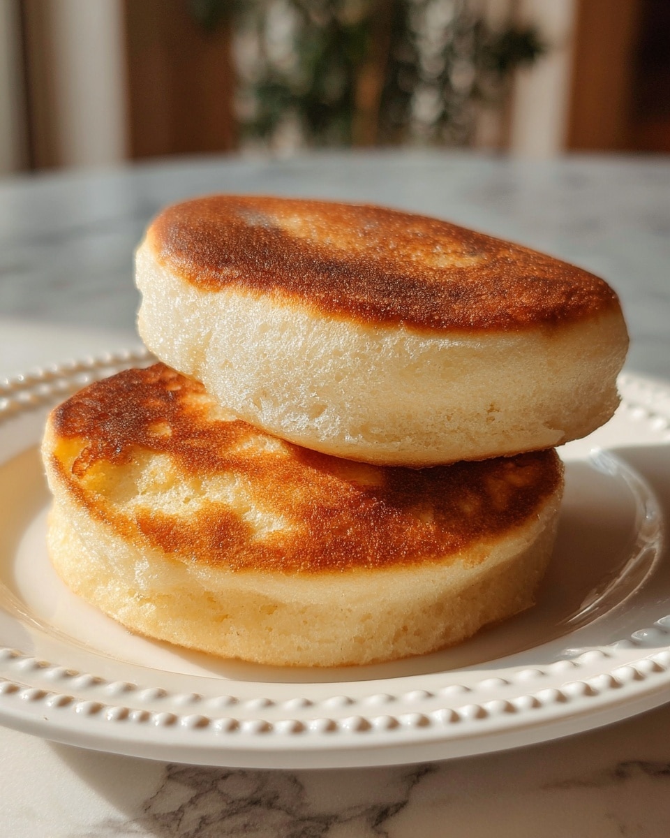 The image shows a stack of three thick, fluffy pancakes on a white plate with a beaded edge. Each pancake has a golden-brown top with a slightly uneven, crisp texture, and the sides reveal a light, airy, and spongy interior with a creamy white color. The pancakes are closely stacked, with the top pancake resting slightly off-center. The background displays soft warm light, and the surface beneath the plate is a white marbled texture. photo taken with an iphone --ar 4:5 --v 7
