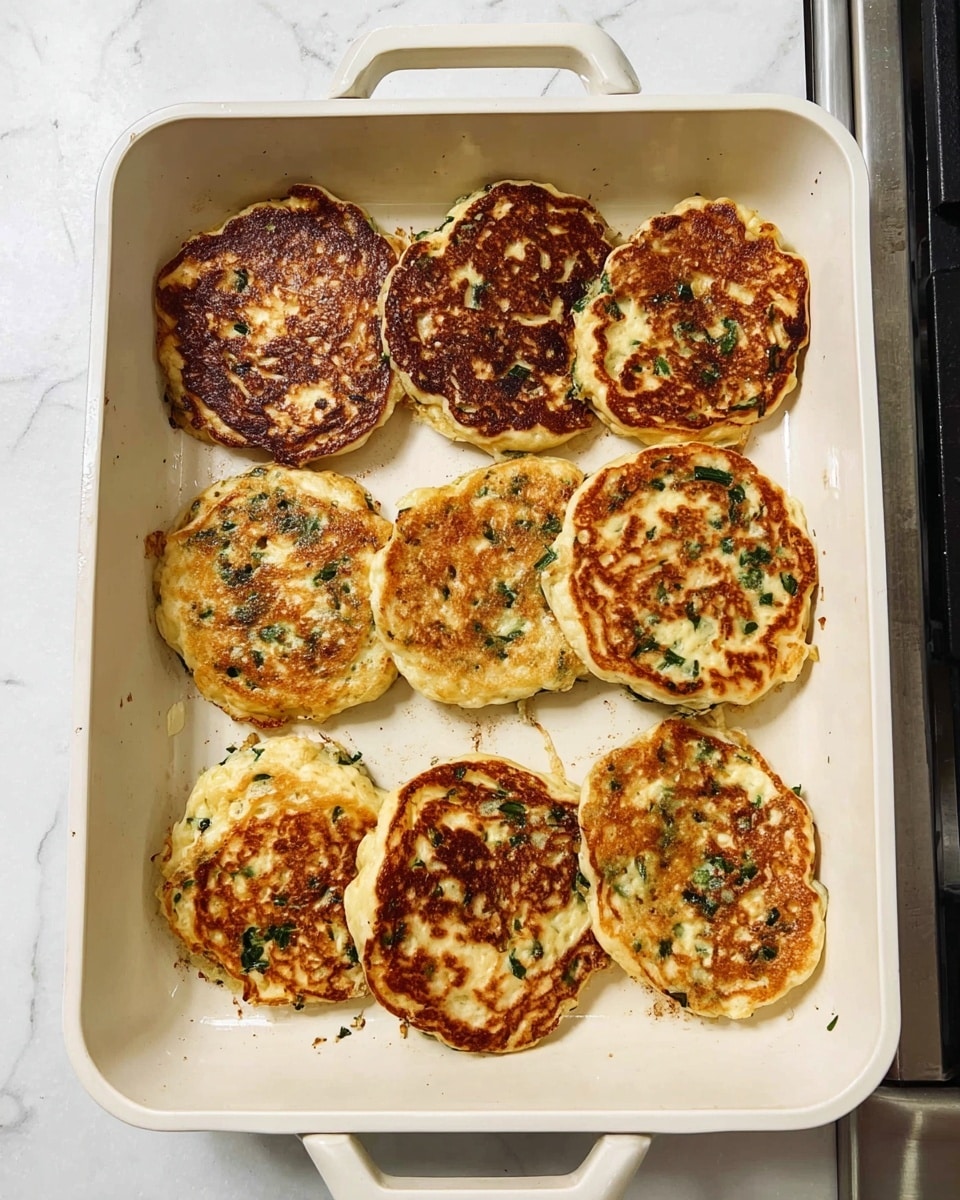 The image shows eight golden brown, round pancakes cooking in a white baking pan. Each pancake is thick with a slightly uneven shape, and you can see green bits of herbs or vegetables embedded in the batter, giving them a speckled green and yellow look. The pancakes have a textured surface with some crispy darker spots and softer lighter areas. The pan rests on a stove with a white marbled countertop beside it. photo taken with an iphone --ar 4:5 --v 7