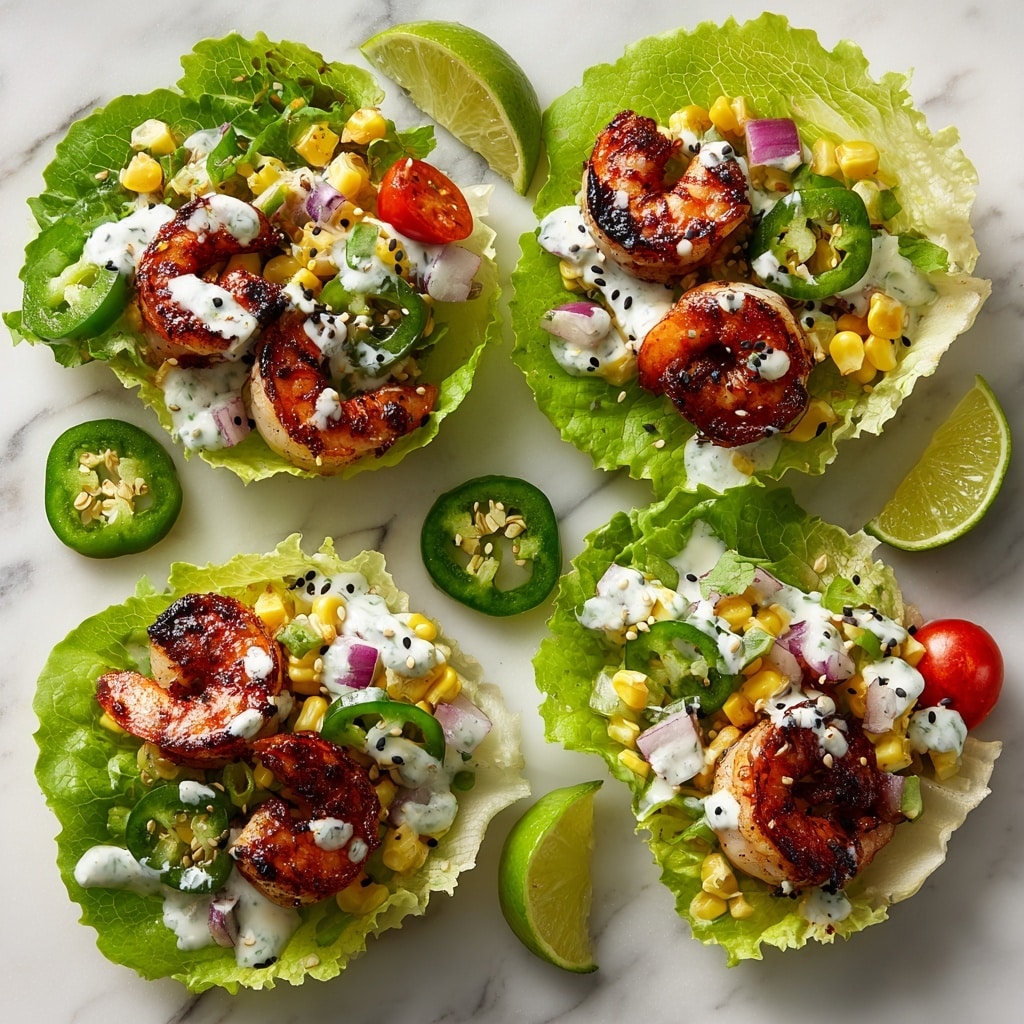 Four lettuce wraps are placed on a white marbled surface in a scattered arrangement. Each wrap has a bright green, crisp lettuce leaf base filled with a colorful mix of yellow corn, red cherry tomato halves, and small pieces of red onion. On top, there are several grilled shrimp with a reddish-brown char and a slightly glossy texture. White creamy dressing is drizzled over the shrimp and vegetable mix, sprinkled with black and white sesame seeds. Green jalapeño slices and two whole green limes are positioned around the wraps, adding fresh green visual accents. Photo taken with an iphone --ar 4:5 --v 7