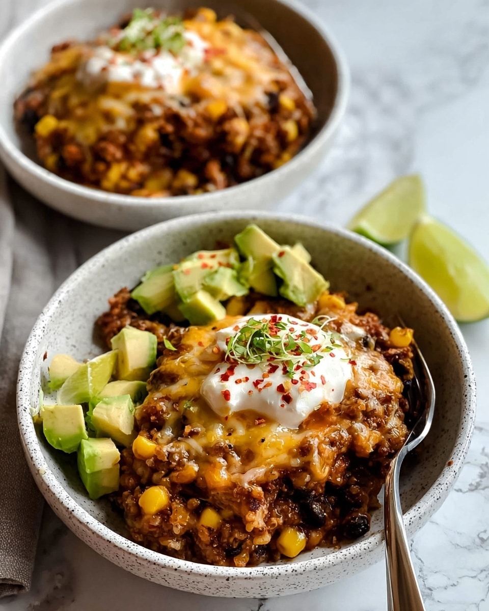 The image shows two white speckled bowls filled with a layered casserole dish. The base layer has a mix of brown ground meat and black beans, topped with yellow corn kernels scattered throughout. On top of this is a layer of melted orange and white cheese, partially covering the mixture. Each bowl also has a dollop of white sour cream sprinkled with red chili flakes and garnished with small green herbs. Next to the main layers, there are chunks of green avocado and a wedge of lime placed near the edge of the bowl. Both bowls rest on a white marbled surface with a fork placed inside the front bowl. Photo taken with an iphone --ar 4:5 --v 7