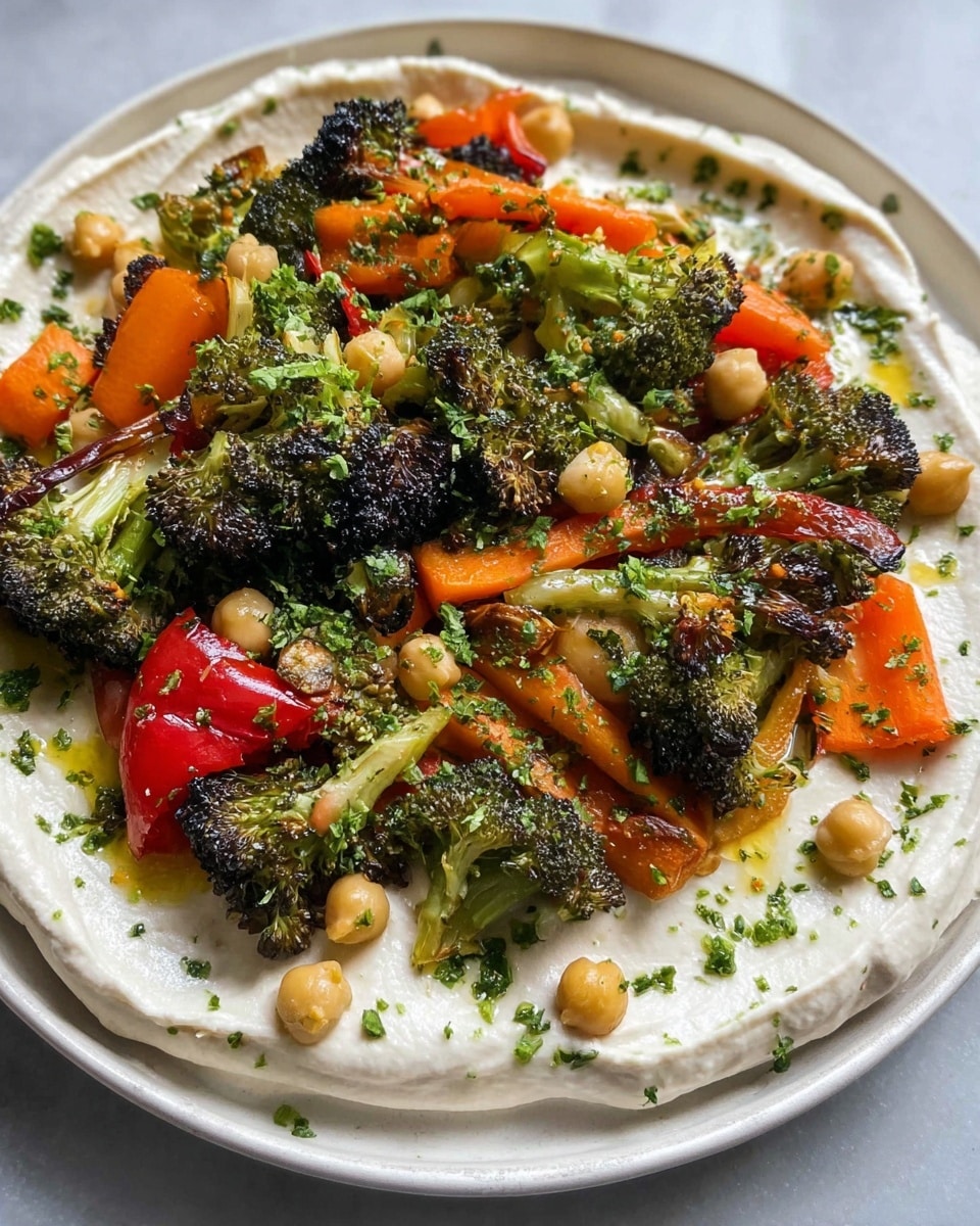 The dish has three layers on a white plate with a dark rim. The bottom layer is a smooth, creamy white spread, spread thin and evenly across the plate. The middle layer consists of golden chickpeas scattered over the spread, adding small round shapes and a slight shine. On top, there is a mix of roasted vegetables including green broccoli with charred edges, bright orange chunks of carrot, and glossy red bell pepper pieces, all piled in the center. The dish is garnished with small green chopped herbs sprinkled over everything, with a drizzle of light olive oil and a dusting of black pepper on the creamy base. The background is a white marbled texture. photo taken with an iphone --ar 4:5 --v 7