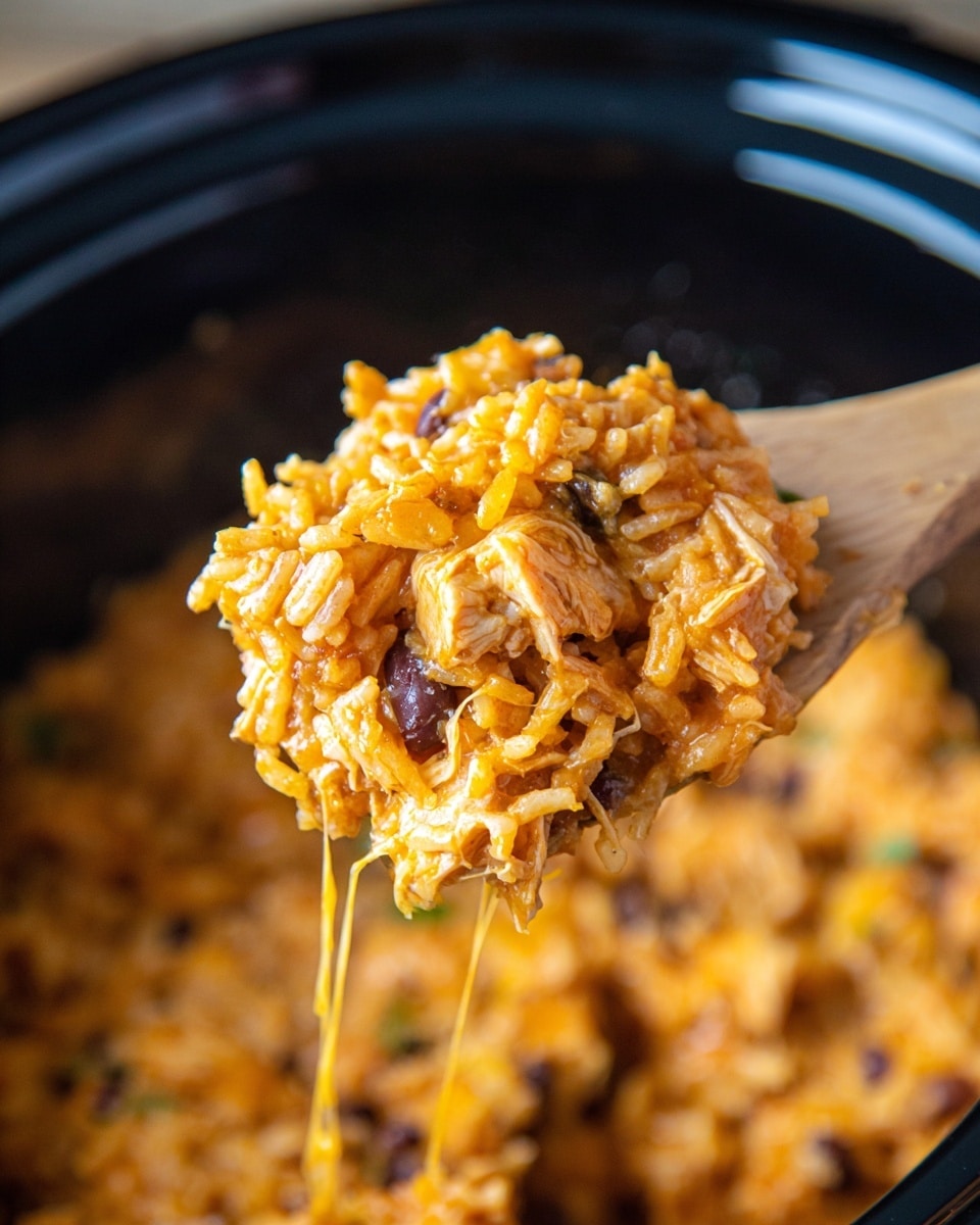 A close-up of a wooden spoon lifting a scoop of cheesy rice mix from inside a black slow cooker. The dish has a thick creamy texture with fluffy, slightly sticky yellow-orange rice, mixed with melted orange cheese strings and small bits of darker beans or meat. The rice looks soft and saucy with cheese melting and stretching slightly as it lifts from the cooker, giving a rich and hearty feel. The background is softly blurred black from the slow cooker edges, highlighting the gooey and textured rice mix in the spoon. Photo taken with an iphone --ar 4:5 --v 7
