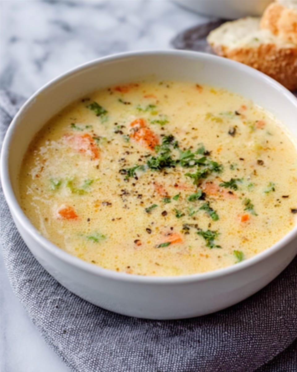 A white bowl filled with creamy soup that has a thick white base mixed with small green broccoli pieces and thin orange carrot strips evenly spread throughout. A silver spoon rests inside the bowl, slightly lifting the soup, showing its smooth texture with visible chunks of vegetables. The bowl sits on a white marbled surface with some blurred green broccoli and a few crackers in the background, creating a simple and fresh scene. Photo taken with an iphone --ar 4:5 --v 7
