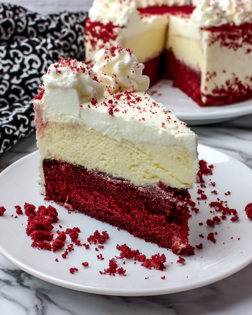 The image shows a slice of layered cake on a white plate over a white marbled surface, with the full cake in the background on a white plate. The cake slice has three layers: the bottom is a dense, dark red layer with a moist texture; the middle layer is a thick, creamy, light yellow cheesecake layer; and the top layer is smooth white frosting with piped dollops around the edge, decorated with red cake crumbs scattered on the frosting and plate. The background includes a black and white patterned cloth and a white brick wall. Photo taken with an iphone --ar 4:5 --v 7