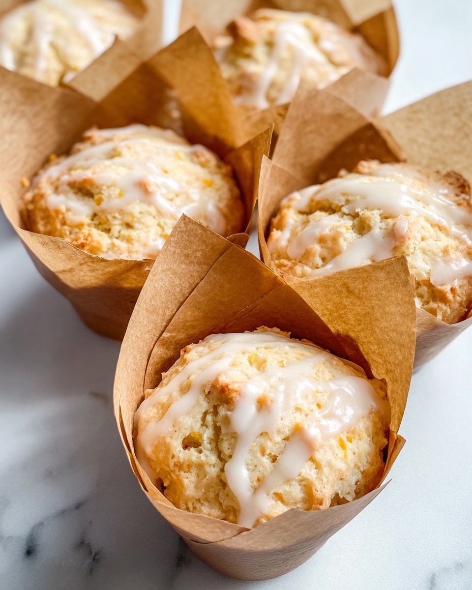 Five muffins are placed closely together on a white marbled surface, each wrapped in light brown parchment paper that folds upwards around them like petals. The muffins are light golden in color with a soft, crumbly texture, and each has a drizzle of creamy white icing on top, adding a shiny, slightly thick layer that contrasts with the rough muffin surface. The parchment paper creates sharp, pointed edges around each muffin, making the overall presentation appear neat and inviting. photo taken with an iphone --ar 4:5 --v 7